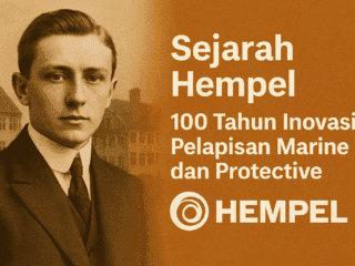 Potret J.C. Hempel muda dengan latar bangunan khas Copenhagen dan teks Sejarah Hempel 100 Tahun Inovasi Pelapisan Marine dan Protective.
