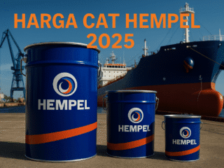 Drum cat Hempel biru di area pelabuhan dengan latar kapal kargo, menampilkan tulisan Harga Cat Hempel 2025 sebagai ilustrasi industri marine coating.