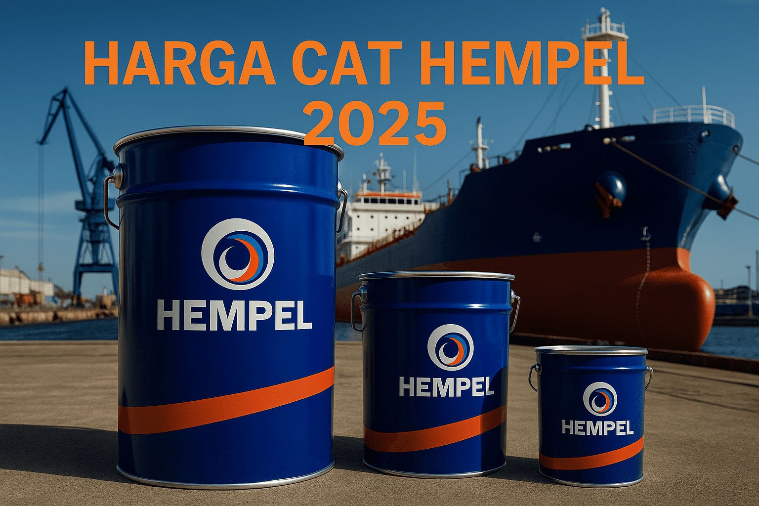 Drum cat Hempel biru di area pelabuhan dengan latar kapal kargo, menampilkan tulisan Harga Cat Hempel 2025 sebagai ilustrasi industri marine coating.