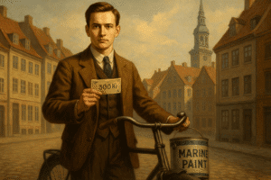 file 000000004af07209b45a1c79c161c342 Ilustrasi J.C. Hempel berusia 21 tahun di Copenhagen tahun 1915, memegang uang 300 Kr dan berdiri di samping sepeda dengan kaleng cat marine.