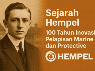 Potret J.C. Hempel muda dengan latar bangunan khas Copenhagen dan teks Sejarah Hempel 100 Tahun Inovasi Pelapisan Marine dan Protective.