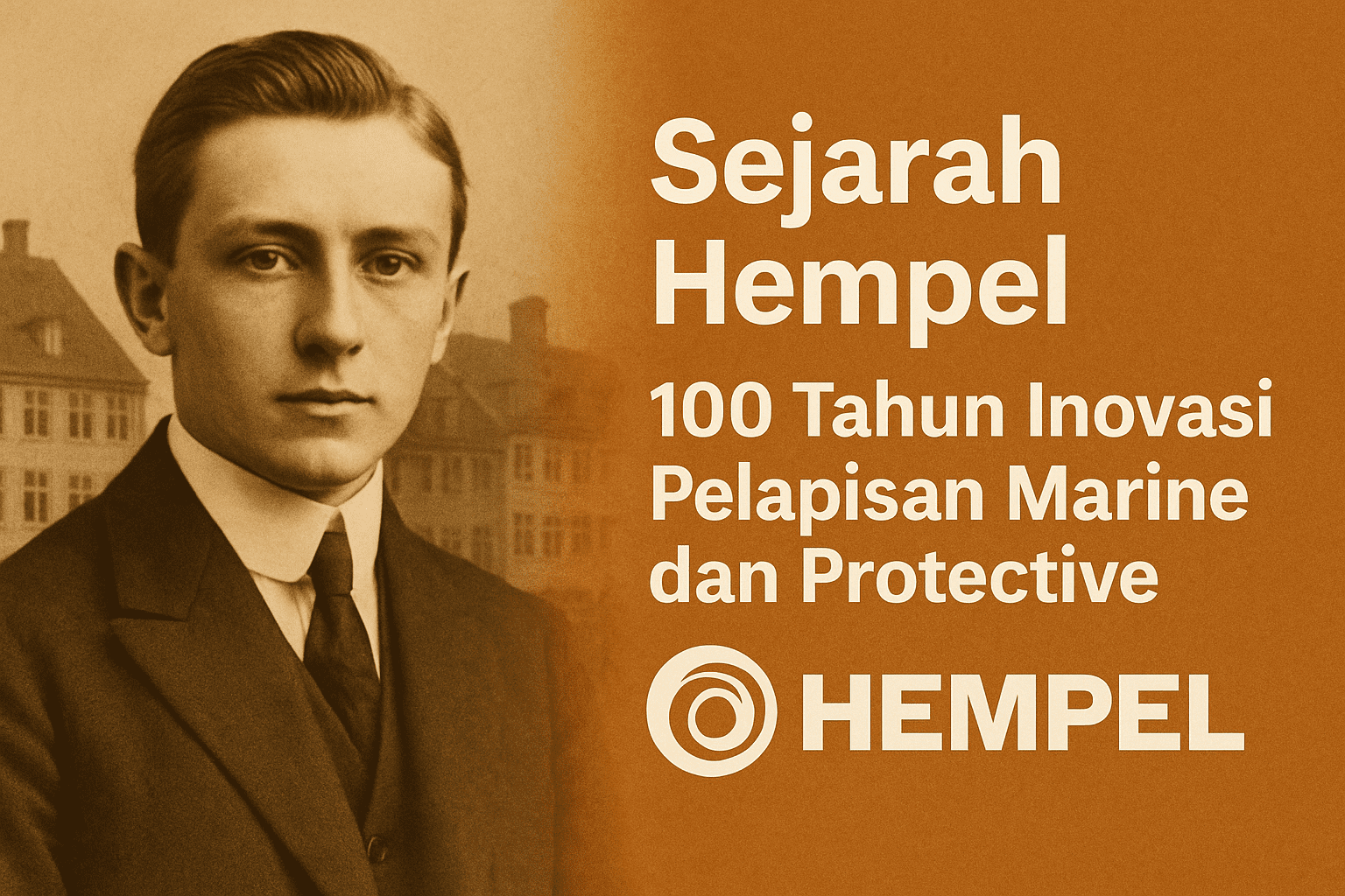 Potret J.C. Hempel muda dengan latar bangunan khas Copenhagen dan teks Sejarah Hempel 100 Tahun Inovasi Pelapisan Marine dan Protective.