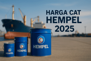Tiga kaleng cat Hempel biru berbagai ukuran di area pelabuhan dengan latar kapal kargo besar, menampilkan tulisan Harga Cat Hempel 2025 sebagai ilustrasi industrial coating