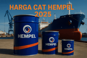 Drum cat Hempel biru di area pelabuhan dengan latar kapal kargo, menampilkan tulisan Harga Cat Hempel 2025 sebagai ilustrasi industri marine coating.