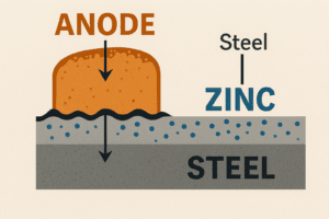 Diagram ilustrasi proses perlindungan korosi dengan anoda dan lapisan zinc pada baja, menunjukkan mekanisme galvanic protection.