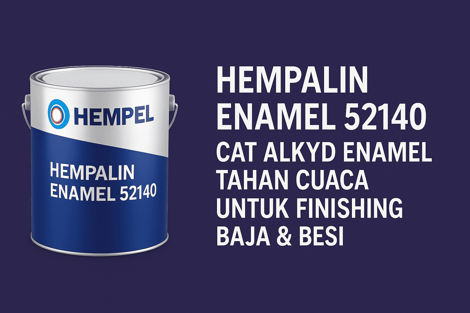 Hempalin Enamel 52140 dari PT Eureka Mandiri, menampilkan kaleng cat Hempel dan teks cat alkyd enamel tahan cuaca untuk finishing baja dan besi