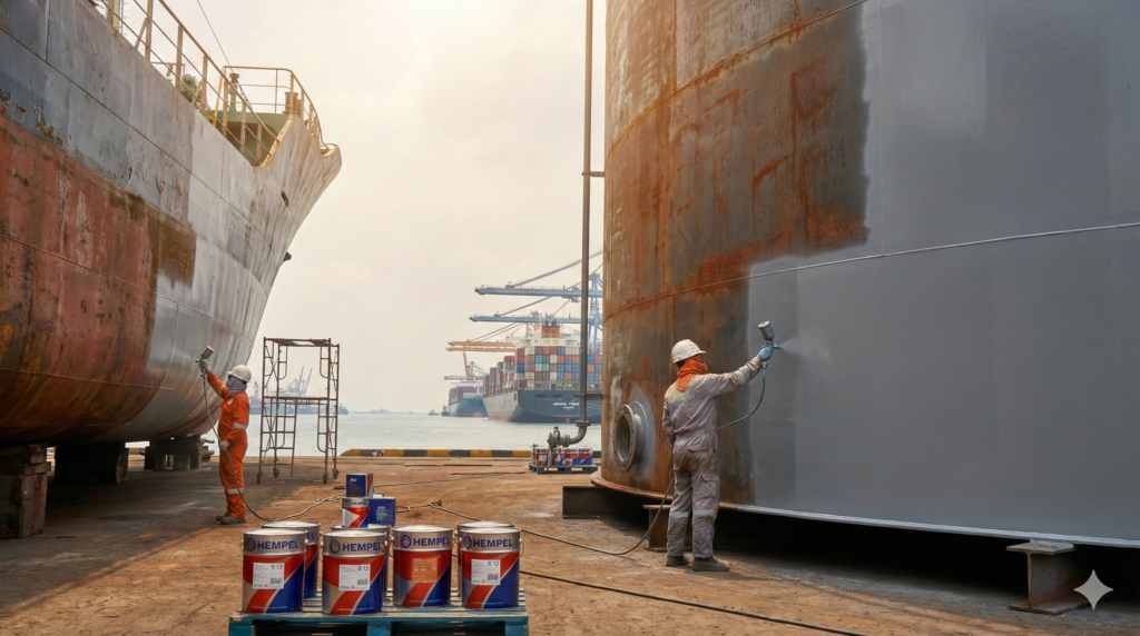 Pekerja mengaplikasikan Cat Hempel Surabaya pada lambung kapal dan tangki industri di pelabuhan untuk perlindungan anti karat maksimal